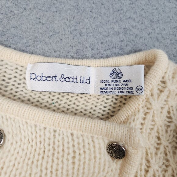 Vtg Robert Scott Ltd Shetland Wool Cable Knit Floral Button Sweater Size 38 Med - Picture 7 of 10